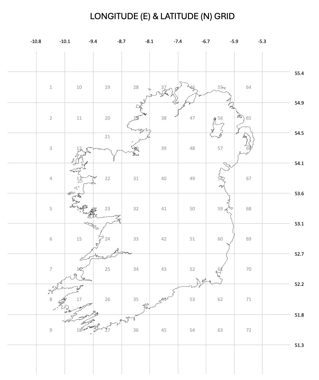 Numbered longitude and latitude grid covering Ireland