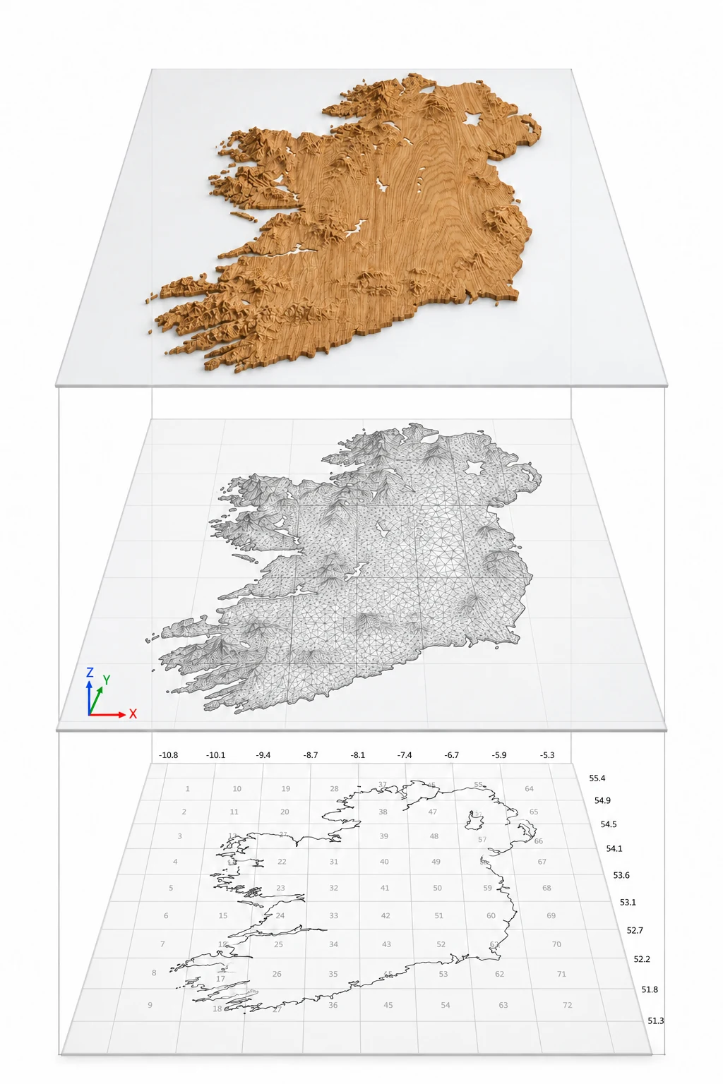 Illustrated overview of the coordinate grid, digital mesh and oak terrain model on three connected planes