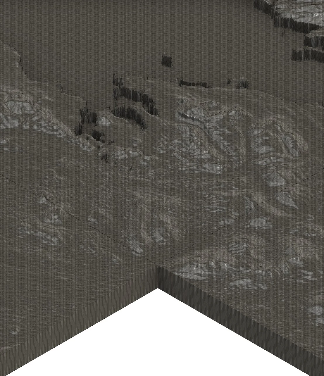 Close view of the digital terrain mesh where adjoining sections meet