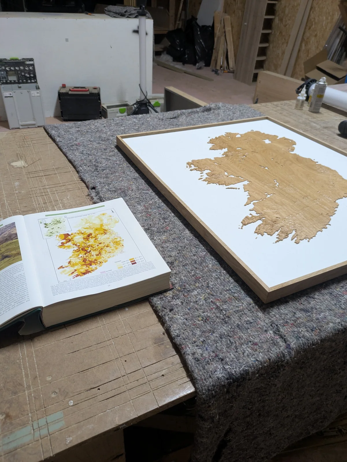 Population-change maps beside an uncoloured oak Ireland terrain model in the workshop