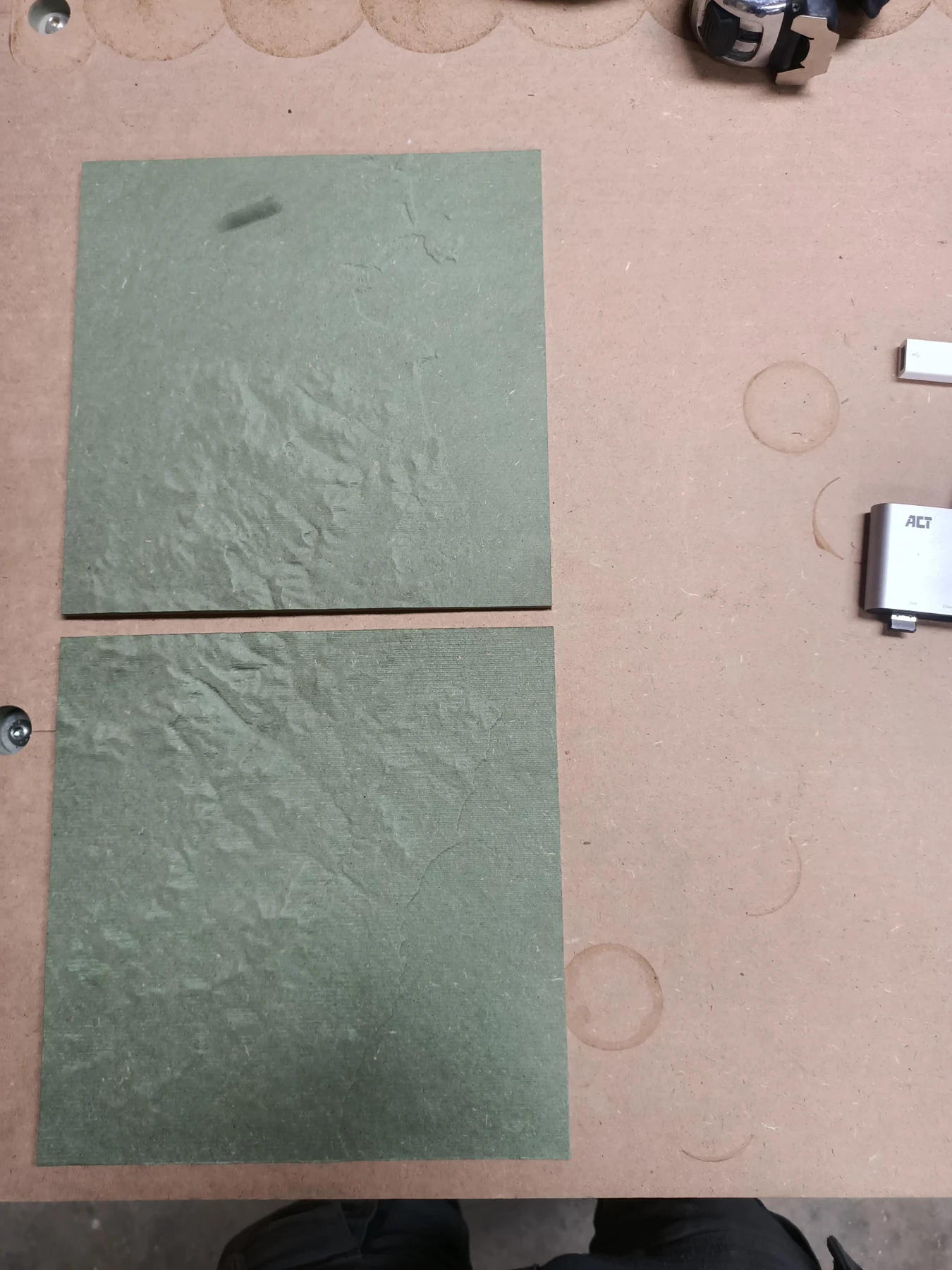 Two MDF test tiles showing their adjoining edges