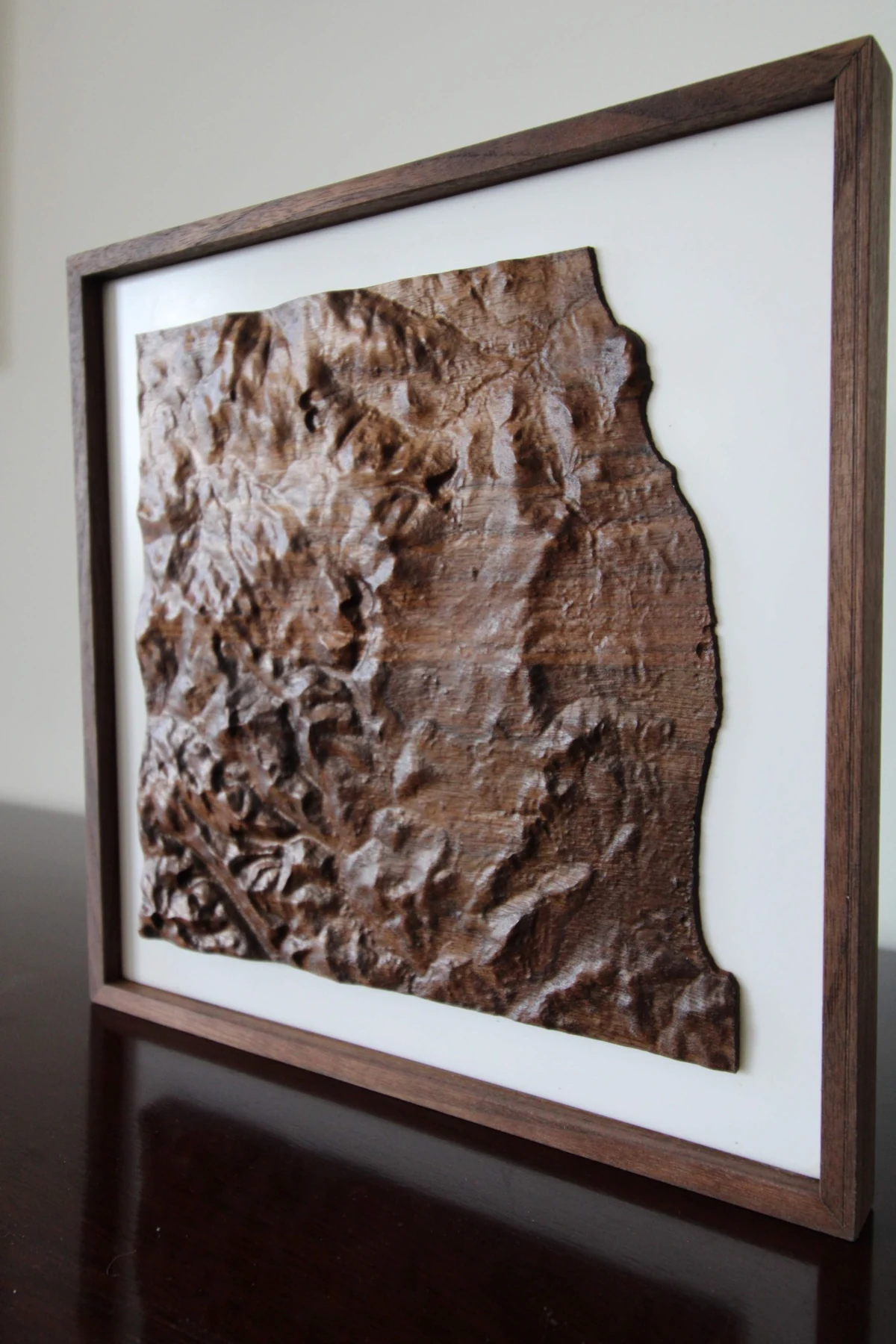 Walnut terrain model mounted on a white backing in a dark timber frame