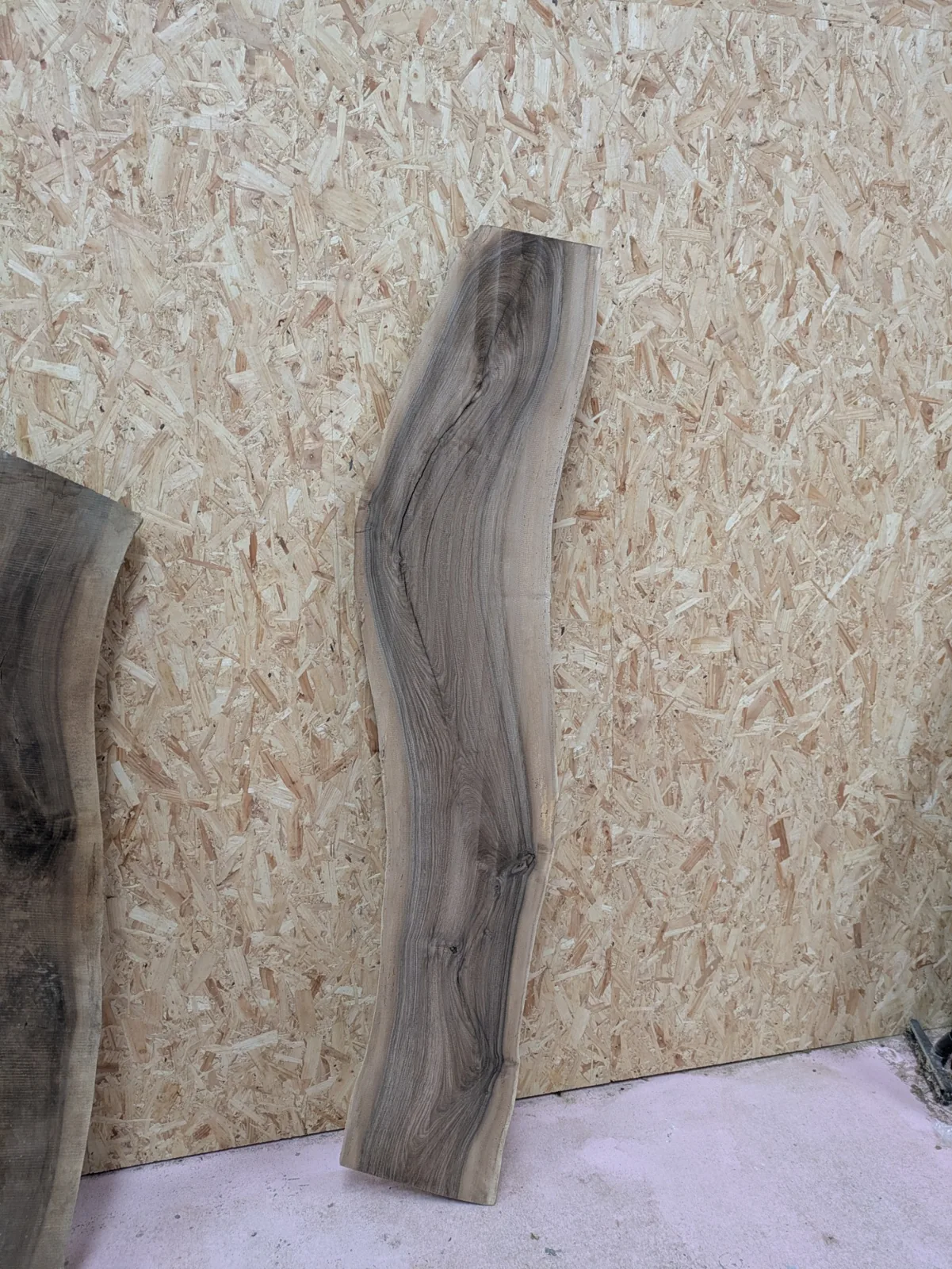 The selected curved walnut board standing against the workshop wall